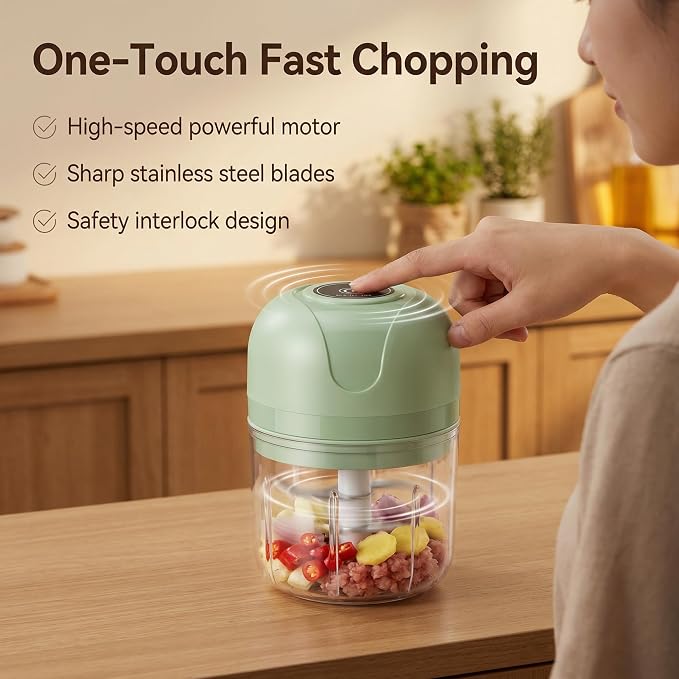 TaiWaggers Mini Electric Garlic Chopper, Dual-Cup Electric Mini Garlic Chopper,Portable Wireless Food Processor for Vegetables, Onion, Ginger, Chili, Meat – Rechargeable, Splash-Proof（Light Green）