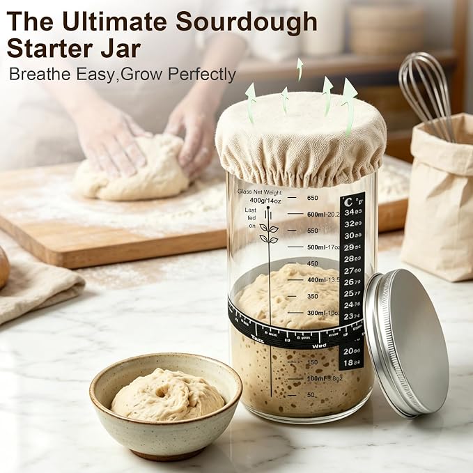 4 Pack Sourdough Starter Jar, 22 oz/650ml Wide Mouth Glass Jar Kit with Feeding Date Band, Thermometer, Silicone Spatula & Breather Cloth Cover, Ideal for Bread Making, Home Baking Beginners
