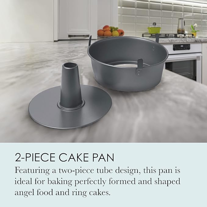 Chicago Metallic Angel Food Cake Pan with Cooling Feet, 2-Piece Nonstick Tube Pan, 9.5 Inch Carbon Steel, Perfect for Pound and Sponge Cakes