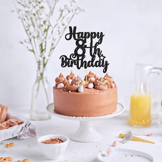 Gyufise 1Pc Happy 8th Birthday Cake Topper - Glitter 8 & Fabulous Cheers to 8 Years Old - Cake Pick for Celebrating Anniversary Party Decorations Supplies Black