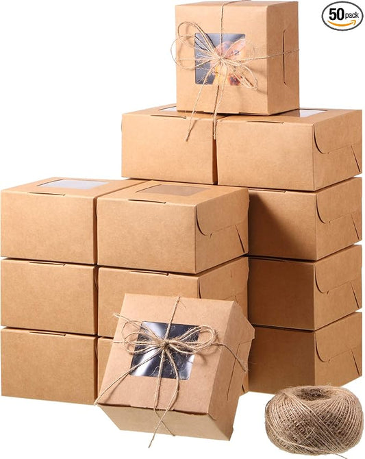 50 Pieces Bakery Box with Window Cookie Boxes Mini Kraft Boxes Gift for Pastries, Candy, Pie, Cupcakes, Soap Packaging for Homemade Soap (4 x 4 x 2.5 Inch, Brown)