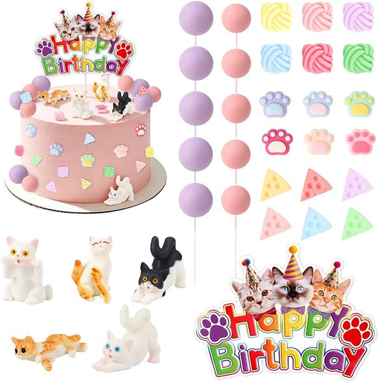 Hooqict 34Pcs Cat Cake Decorations Set with Mini Cats Figurines Cute Paw Balls Cake Toppers & Cupcake Toppers for Kids Pet Cat Themed Birthday Party Decorations Supplies