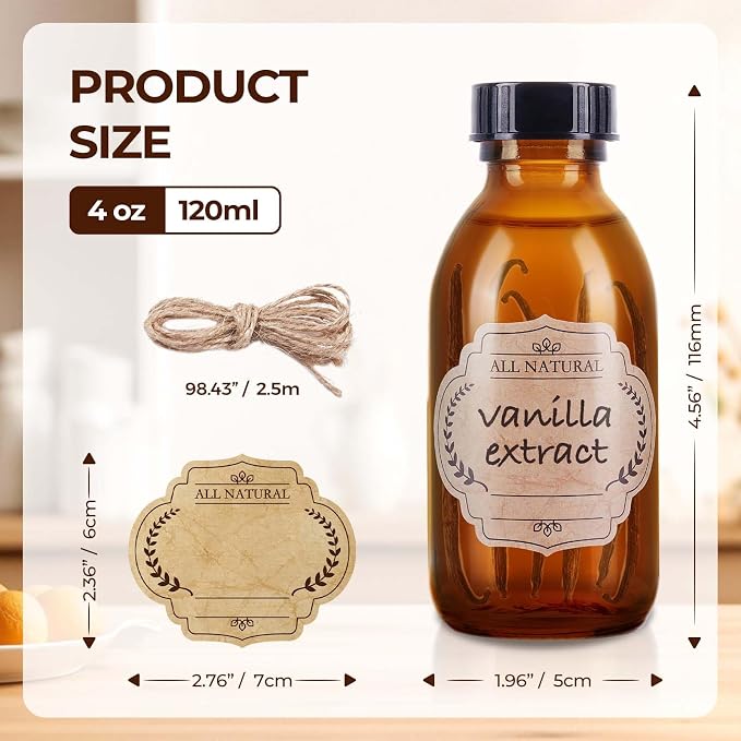 4 oz Amber Glass Bottle with Cap, Empty Glass Bottles Cosmetic Pump Dispensers for Homemade Vanilla Extract, Essential Oils, Juice, Potion, Syrup, Liquids, Christmas, Holiday Gift (Brown 4 Pack)