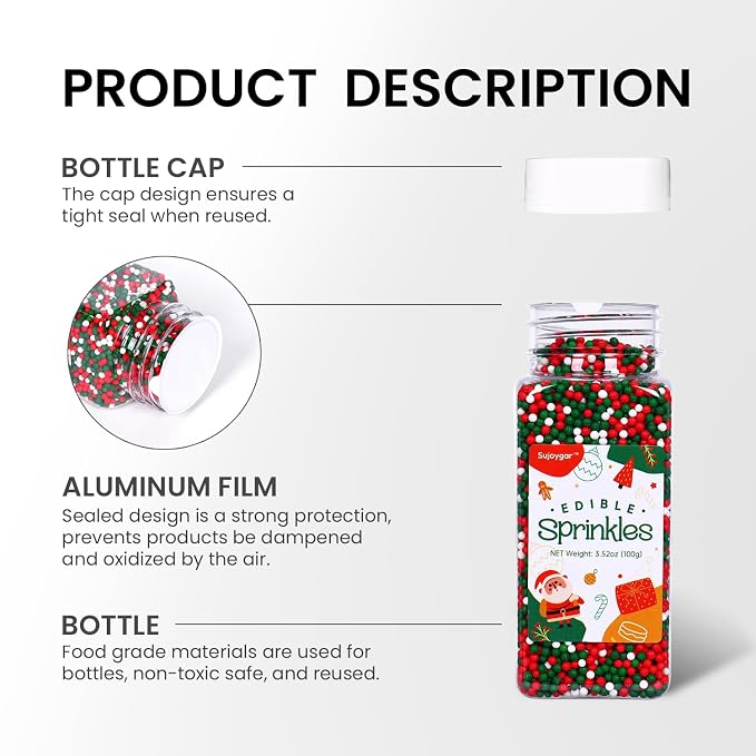 Christmas Nonpareils Sprinkles, 3.52oz Christmas Sprinkles for Cake Decorating Cupcake Toppers Baking Cookie Ice Cream Dount Chocolate, Edible Round Sugar Candy Food Grade