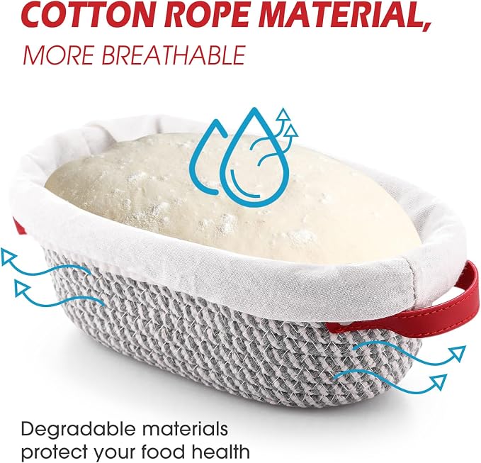 Gejoy 4 Pcs 10 Inch Cotton Rope Banneton Bread Proofing Basket Set Oval Bread Baskets with Liners & Covers Proofing Baskets for Sourdough Baking with 4 Strickle for Home Bakers Wife Mom(Grey, White)