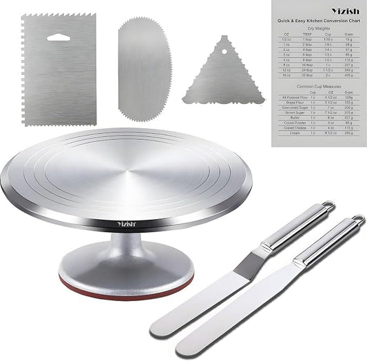 Yizish Cake Turntable Aluminum Alloy, 12 Inch Rotating Cake Stand Decorating Kits with Stainless Steel Icing Spatula (2pcs) and Icing Smoother (3pcs) for Baking, Pastries and Cupcakes