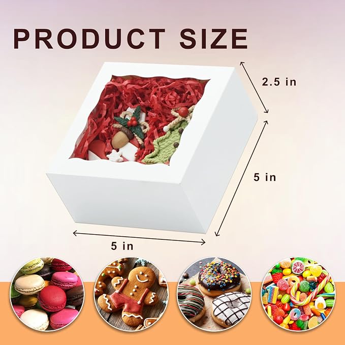 20 Pack 5x5x2.5 Inch Bakery Boxes Cookie Boxes with window Treat Box Chocolate Covered Strawberries Box for Macaroon Dessert Cupcake Pastry Muffins