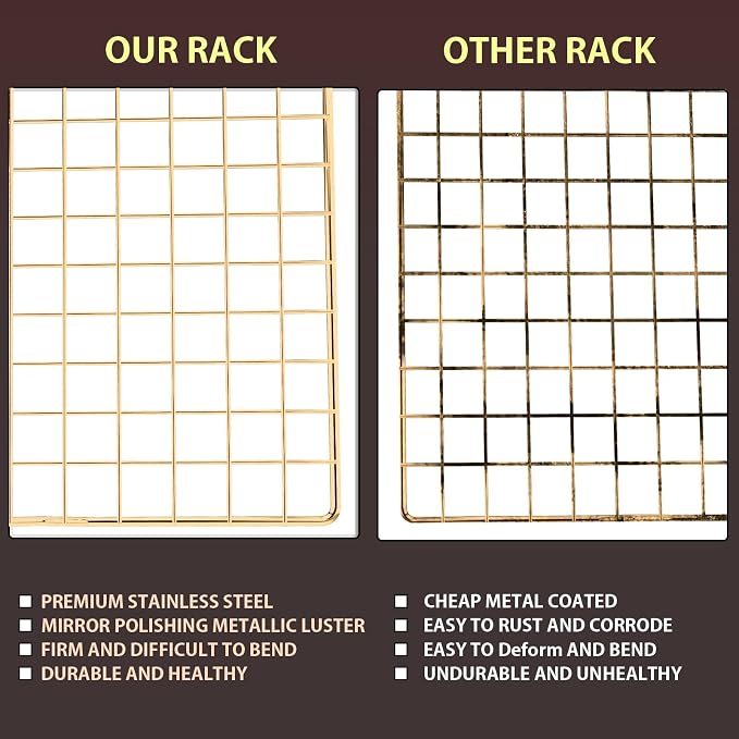 BRIOUT Cooling Rack for Baking, 16x10 Inches Baking Rack, Thick Wire Cookie Rack for Cooking, Roasting, Grilling, Drying, Oven Safe, Fits Half Sheet Pan, Gold