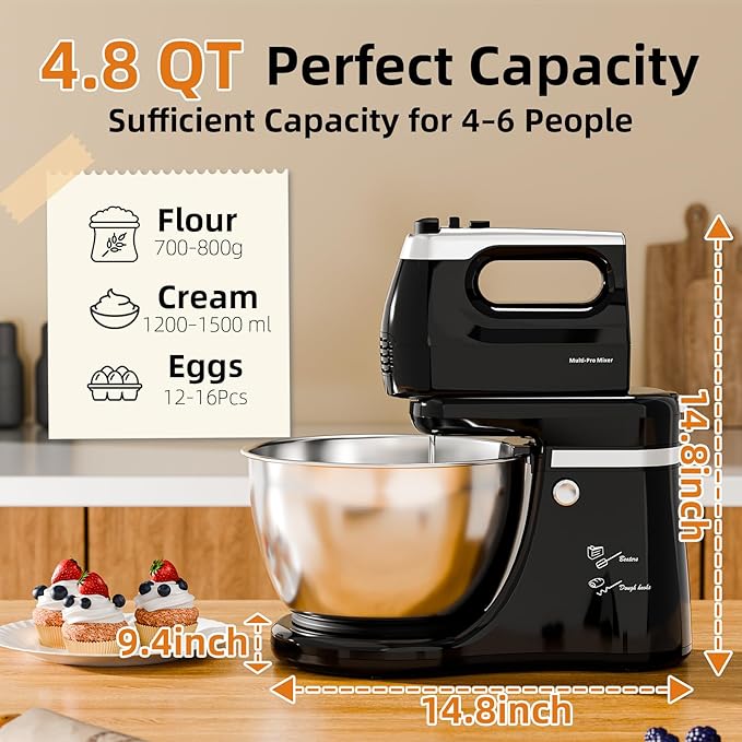 4.8QT 2-in-1 Stand Mixer, Electric Kitchen Mixer with Auto-Rotating Bowl & Tilt-Head, 5-Speed 250W Turbo Baking Machine for Beginners with Beater & Dough Hook for Cookie, Bread, Cake (Black)