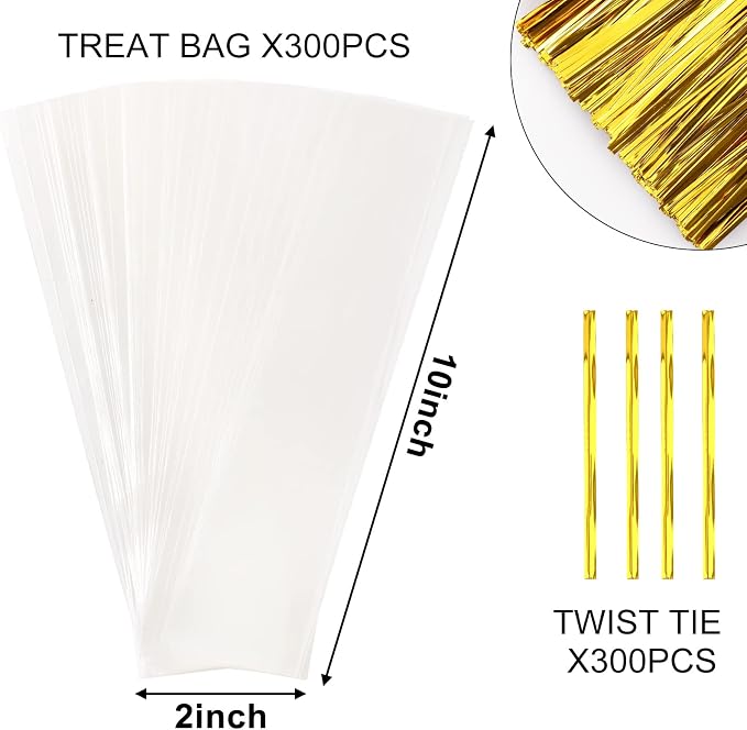 Augshy Pretzel Rod Bags,300 Pcs 2x10 Clear Treat Bag with Sea for Packaging | Individual,Plastic Bag with 300 Twist Ties,Self Adhesive Resealable for Lollipop Candy Chocolate Cookie Wrapping Buffet