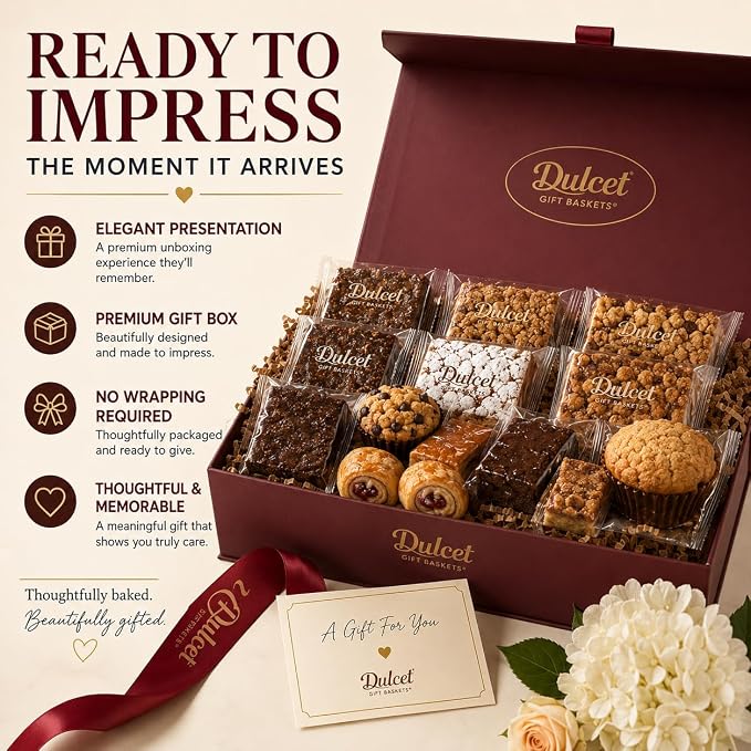 Dulcet Gift Basket – Premium Fresh Gourmet Baked Goods Gift Box for All Occasions – Assorted Brownies, Crumb Cakes, Rugelach & Muffins – Elegant Bakery Dessert Box