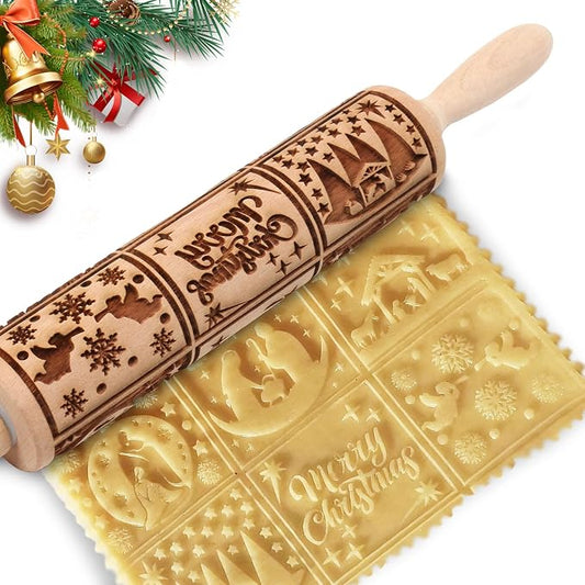 Christmas Embossed Rolling Pin for Baking Cookies Embossing Rolling Pins with Design Wooden Engraved Springerle Roller Pin Dough Patterned Clay Pottery Ceramic Bakers Women (Nativity Patterns)