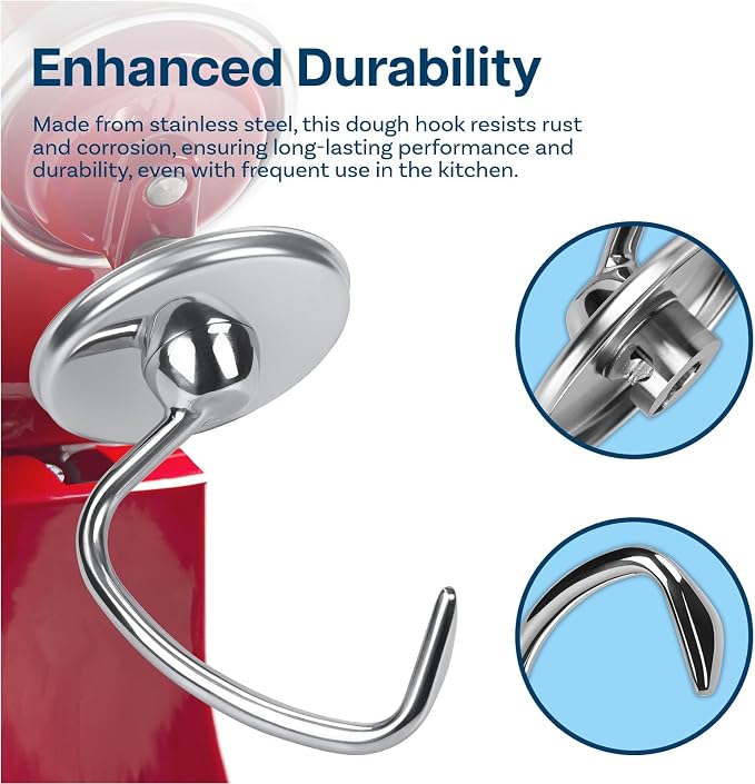 Mixer Attachments for KitchenAid 4.5–5 Quart Tilt-Head Stand Mixers – Compatible with Artisan & Classic – Beaters, Whisks, Dough Hooks & Attachment Sets by MMOBIEL (Dough Hook, Stainless Steel)