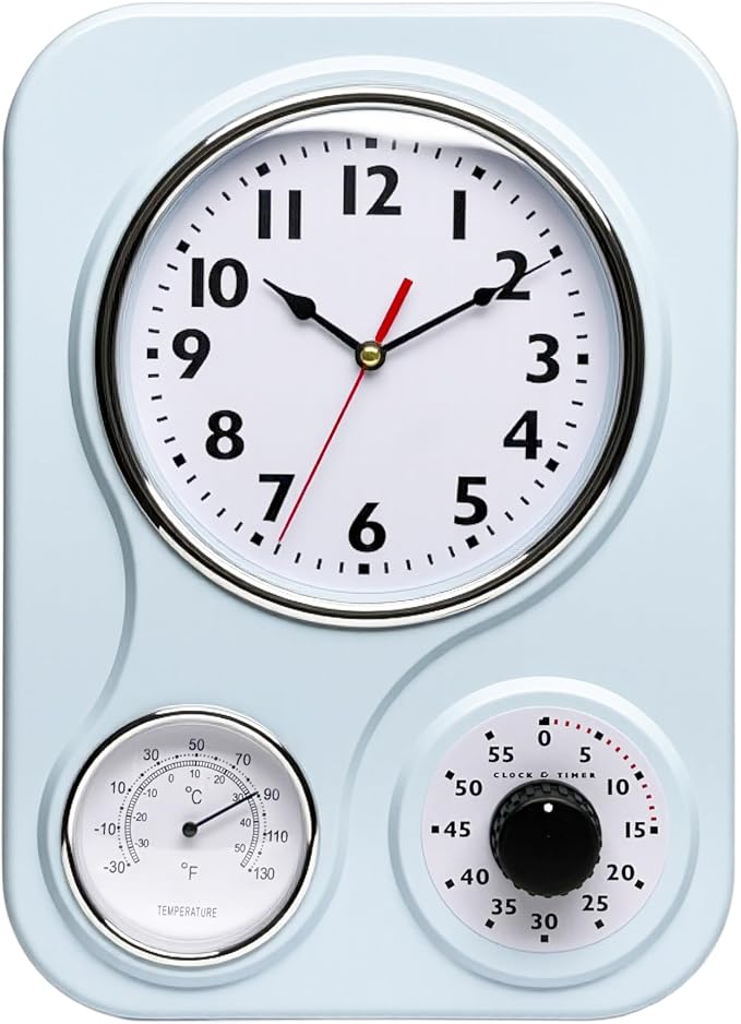 Lily's Home - 9 Inch x 12.5 Inch - Retro Kitchen Wall Clock, Vintage Wall Clock with a Thermometer and 60-Minute Timer, Ideal for Any Kitchen, Office, or Diner (Light Blue)