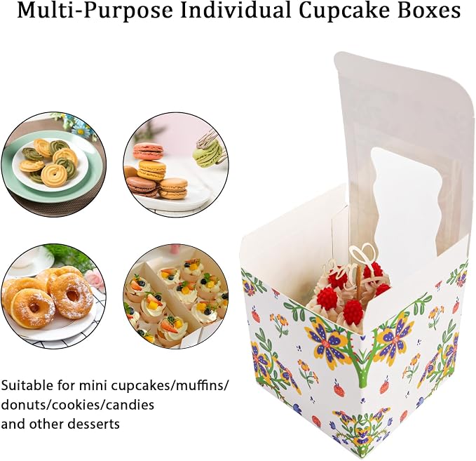 100 Pack Individual Cupcake Containers, Food Grade Cupcake Boxes with Window, Pre-Assembled Single Cupcakes Holders 3.5"x3.5"x3.5" with Inserts for Mini Cake Cookies Cupcakes Muffins