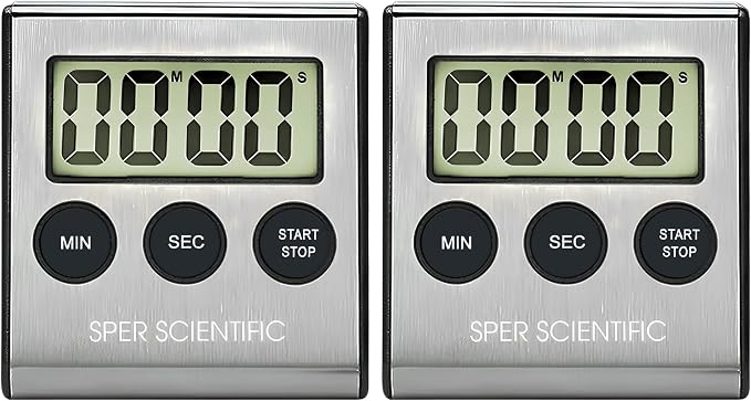 Sper Scientific Stainless Steel Digital Lab + Kitchen Timer 810028A – Compact Design Timer with Large Display & Loud Alarm - for Cooking, Baking, Labs, Workouts & More - 2 pc