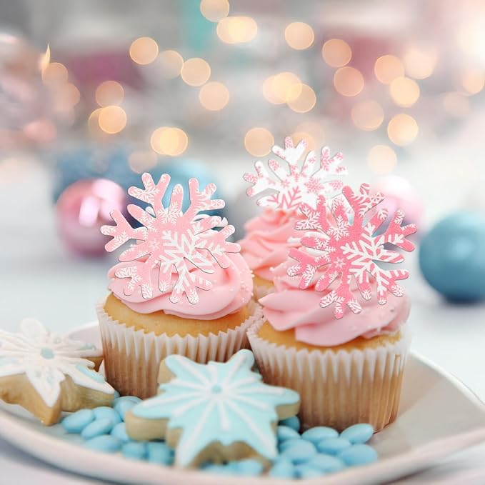 Gyufise 50Pcs Edible Snowflake Cupcake Cake Toppers Wafer Paper Snowflake Cake Decorations for Christmas Winter Frozen Theme Party Supply Decoration Multi Pink