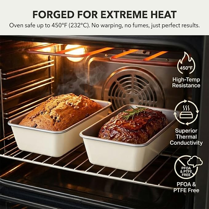 9x5 Inch Nonstick Loaf Pan Set of 2, Heavy Duty Carbon Steel Bread Loaf Pans, Oven Safe to 450°F, PTFE & PFOA Free, Easy Release for Banana Bread, Meatloaf, Sourdough, Pound Cake