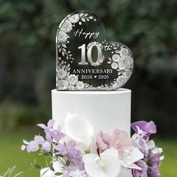 10th Anniversary Cake Topper Acrylic,10 th Anniversary Decorations & Keepsake Gift for Couples（10th Anniversary-Silver Wreath）