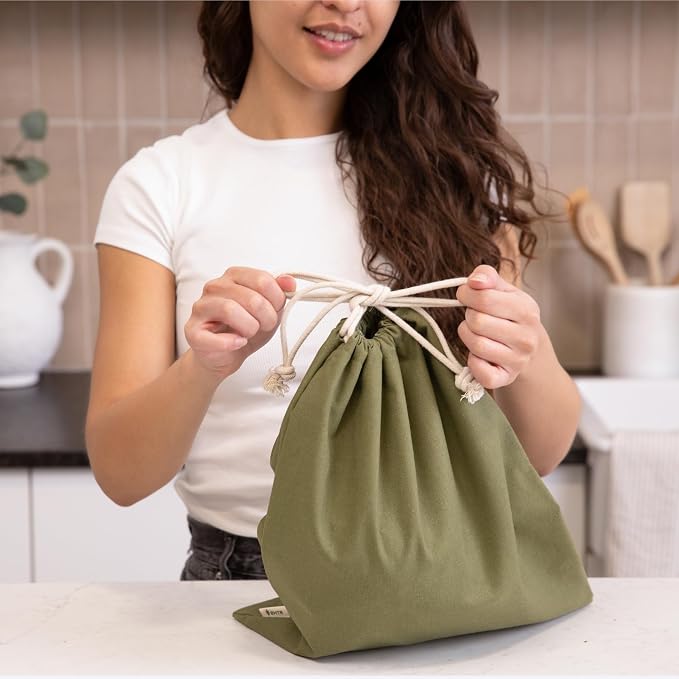 Sourdough Bread Bags for Homemade Bread, 2 Pack, Reusable Cotton Linen, Machine Washable, Freezer Safe - BPA-Free TPU Liner, Fits 2 Loaves Each, Beeswax Wrap Alternative, Drawstring Closure