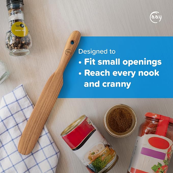 FAAY Teak Wooden Skinny Spurtle Spatula for Sourdough Starter & Jars | Slim angled tip reaches jar bottoms and pan corners; ergonomic teak handle, no lacquer, coconut oil finish, nonstick-safe.