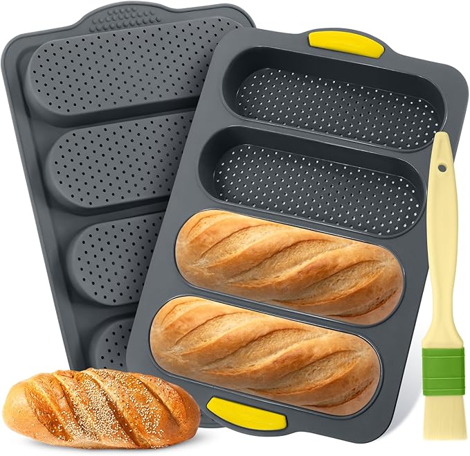 2 Pack Silicone French bread loaf Bread Pan - 4 Hole Non-Stick French Loaf Pan, Reusable Easy Release Baking Tool for Homemade French bread loaves, French Bread, Rolls & Romantic Dinner