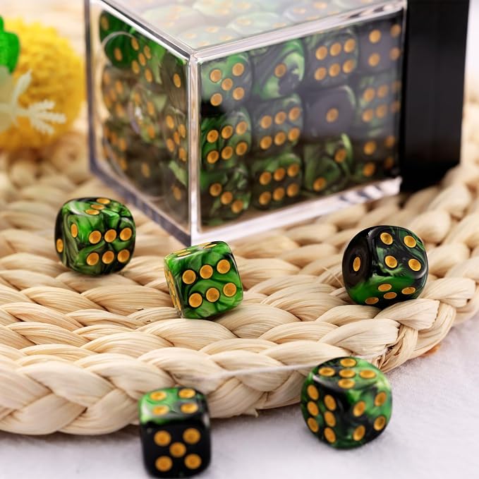 36 of Pack 12MM 6 Sided MINI Dice Set,Two Colours D6 Game Dice Set, 6 Sided Standard Dices for Yahtzee, Bunco or Teaching Math,with Portable Plastic Box(Grass Green+Black)
