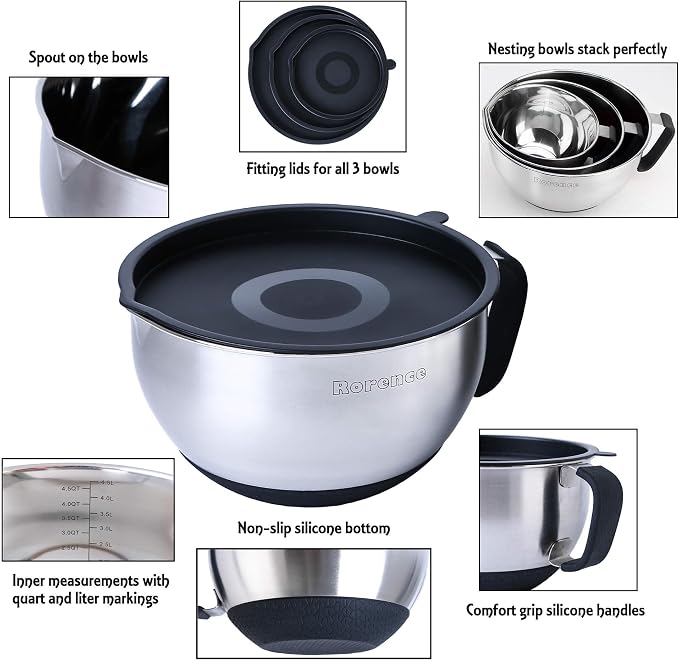 Rorence Stainless Steel Mixing Bowls Set: Metal Mixing Bowl with Lids and Handles Non-slip Silicone Bottom Nesting Bowls for Kitchen Set of 3