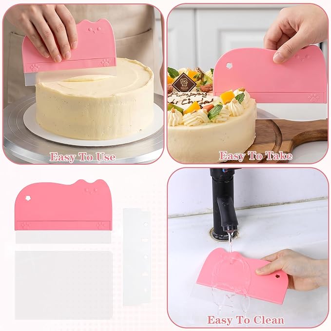 12Pcs Cake Scraper Smoother Scraper Set, Alisador de Acetato Para Pasteles - 2 Pink ABS+PVC Scrapers with 10 Transparent Blades for Baking and Decorating