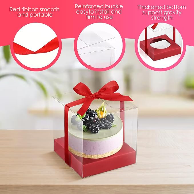 Thenshop 50 Pcs Clear Cupcake Boxes Individual 3.5 Inch Plastic Single Cupcake Containers Boxes with Inserts and Ribbon Individual Cake Storage Holders for Cake Kitchen(Red)