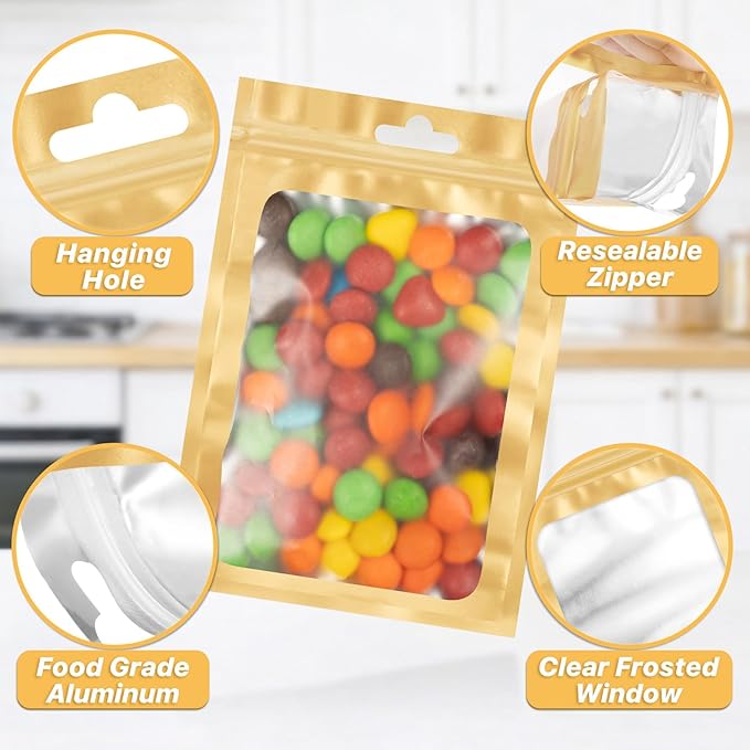ANZNKU 100 PCS Resealable Mylar Bags with Frosted Clear Window Packaging Bags Foil Pouch Zipper Bag for Food Self Sealing Storage Supplies (3.54x6.29, Light Gold)