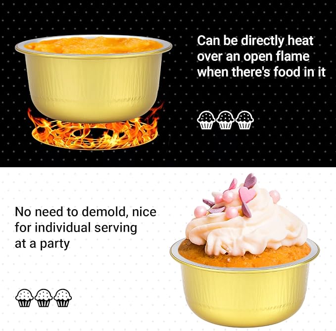 Beasea Aluminum Ramekins With Lids, 100 Pack 6.1oz 180ml Disposable Foil Aluminum Baking Cups Round Oven Baking Mini Cupcake Cups for Party - Gold