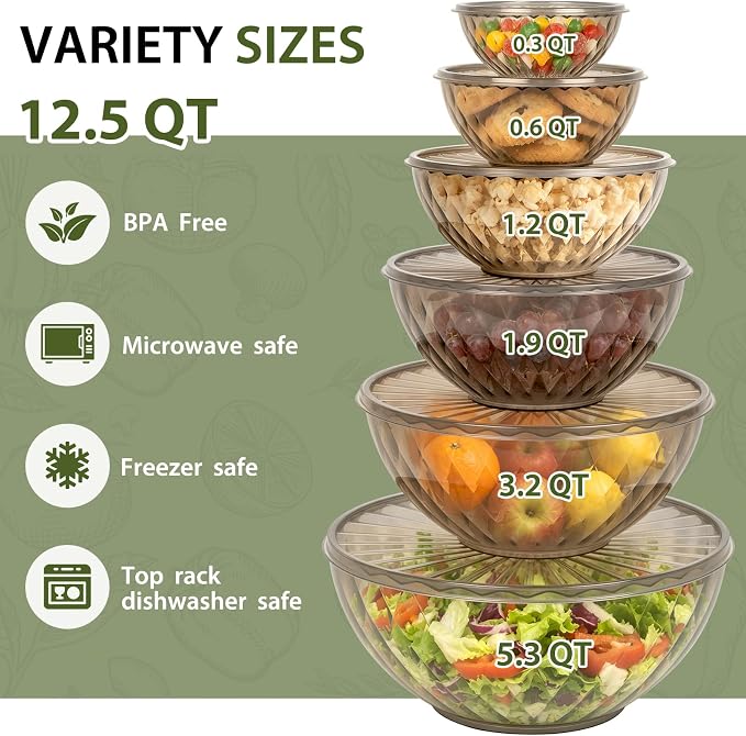 Freshmage Plastic Mixing Bowls with Lids - 6 Piece Nesting Bowls Set with One-Press Easy-Cover Lids, Large Salad Bowl for Baking, Preparing, Serving and Storing, Dishwasher & Microwave Safe