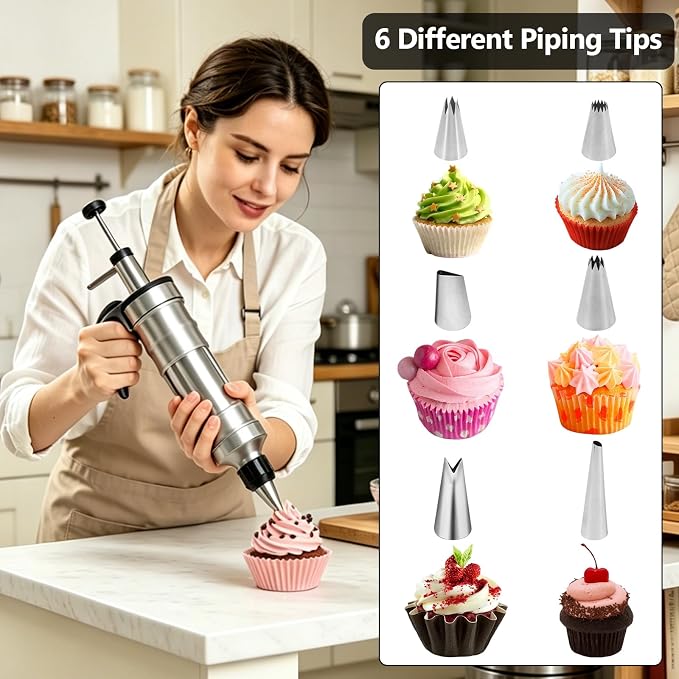 Dessert Decorating Syringe Set, Stainless Steel Frosting Piping Kit with 2 Tip Couplers & 6 Decorating Piping Tips Icing Piping Kit Cupcake Decorating Kit Cake Decorating Tools (Black)
