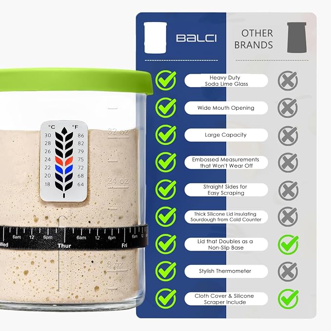 Premium Sourdough Starter Jar - 40oz Large Sourdough Jar with Marked Feeding Band, Scraper, Cloth Cover and Silicone Lid/Base, Wide Mouth Starter Kit - Green