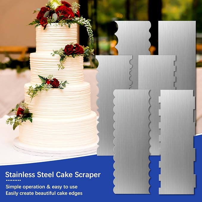 8.6 Inch Metal Cake Scraper, 6 Pack Double Sided Contour Patterned Edge Smoother, Stainless Steel Cake Decorating Comb Icing Leveler Tool for Buttercream Mousse Pastry Cake Border Decoration