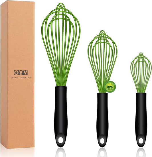 OYV Dishwasher Safe Green Silicone Whisk, Sealed Waterproof Design Set of 3, Professional Kitchen Whisks for Cooking Non-Scratch, Silicone & Stainless Steel Whisk, Heat Resistant Balloon Egg Beater
