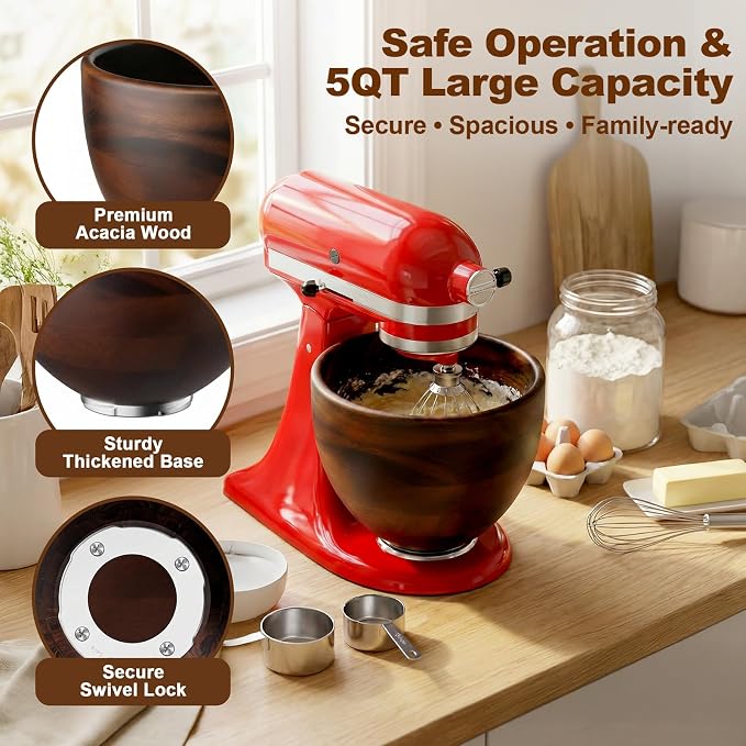 FOCOllK Wooden Bowl for KitchenAid Mixer, Premium Wood Mixing Bowl, Fits 4.5-5 QT Tilt-Head Stand Mixers, 5 Quart Natural Wooden Bowl with Stainless Steel Locking Base