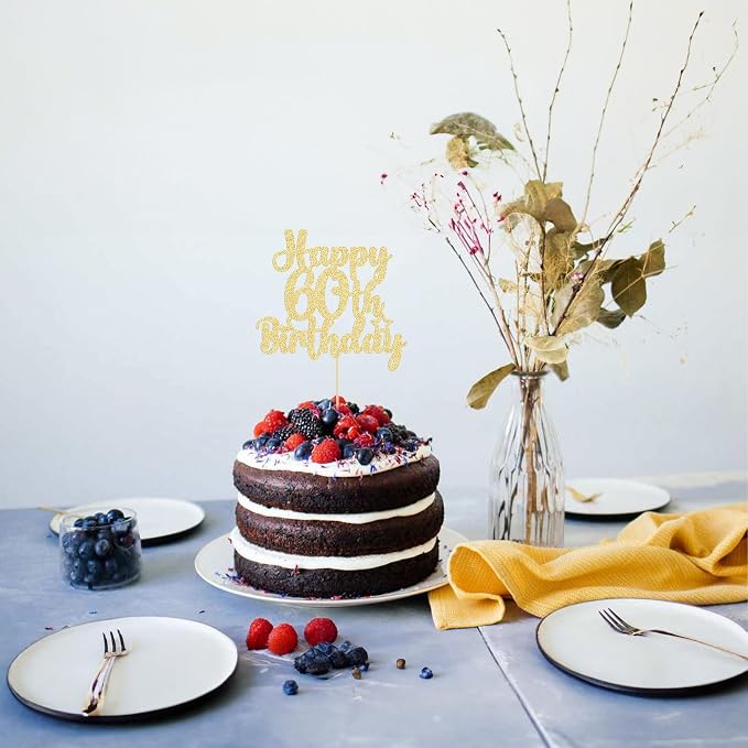 Gyufise 1Pc Happy 60th Birthday Cake Topper Glitter 60 & Cheers to 60 Years Old 60th Birthday Cake Pick for Celebrating 60th Birthday Anniversary Party Cake Decorations Supplies Gold