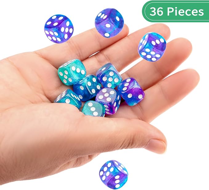 36 of Pack 12MM 6 Sided MINI Dice Set,Two Colours Glitter D6 Game Dice Set, 6 Sided Standard Dices for Yahtzee, Bunco or Teaching Math,with Portable Plastic Box(Green Purple)