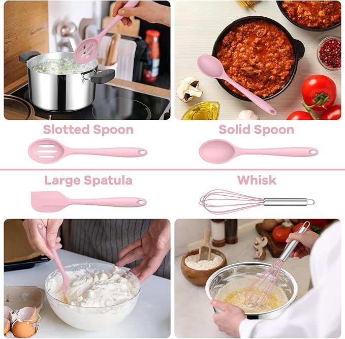 TeamFar Silicone Cooking Utensils Set, 8 PCS Kitchen Utensils Set, 446°F Heat Resistant, Turner, Spatula, Spoon, Whisk, Kitchen Cooking Gadgets Tools for Nonstick Cookware, Dishwasher Safe-Pink