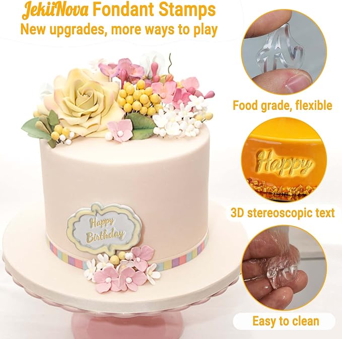 4PCS Alphabet Cake Stamps Tool for Fondant Cookie Biscuit, Pretty Handwriting Food Grade Fondant Letter Stamp Uppercase Lowercase Numbers Words Reusable Cookie Stamp for Christmas Party