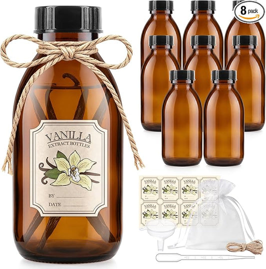 8 Pack 4 OZ Amber Glass Bottles with Lids, Vanilla Extract Bottles Empty Boston Glass Bottles for Homemade Vanilla Extract, Essential Oils, Juice, Potion, Syrup, Liquids, Christmas Gift