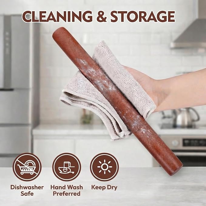17.1 Inch Straight Rolling Pin – Smooth One-Piece Wooden Dough Roller for Baking, Cookies, Pizza Dough & Pastry