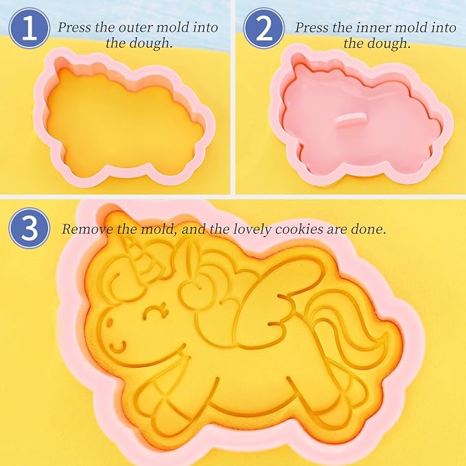 Unicorn Cookie Cutters with Cookie Stamps 8 Pcs Rainbow Castle Cookie Molds for Girls Birthday Party (Unicorn B)