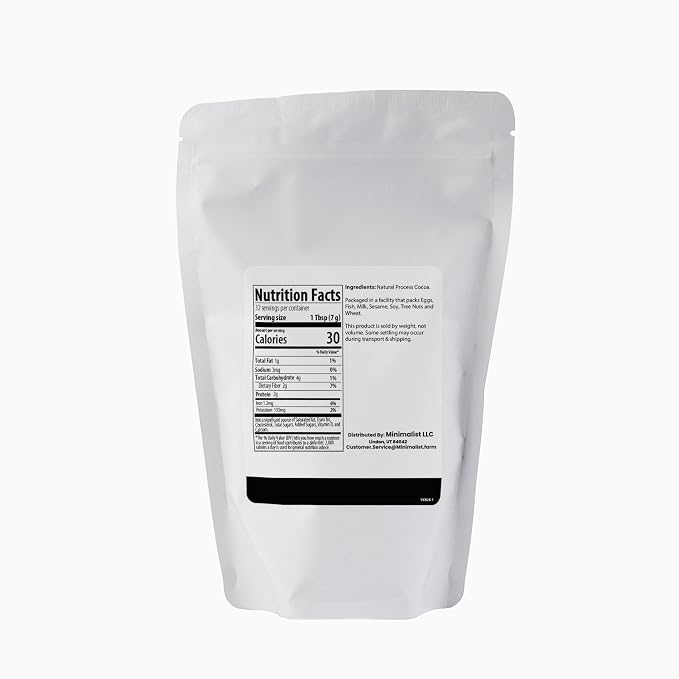 Minimalist Natural Cocoa Powder with 10-12% Cocoa Butter, Perfect for Baking and Hot Chocolate, Packaged for Convenience in a Resealable Bag (8 Ounce)