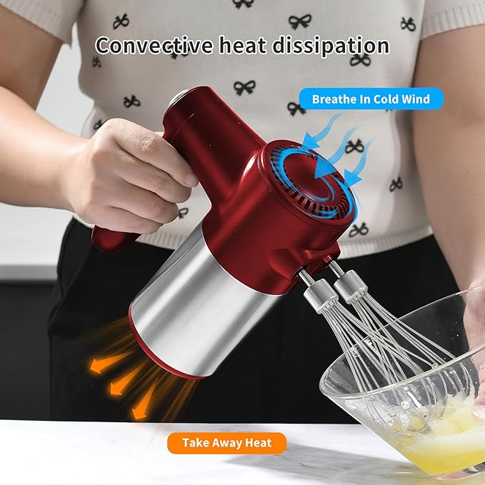 7-Speed Cordless Hand Mixer for Baking - Electric Handheld Mixer with 6 Stainless Steel Attachments, Turbo Boost, Digital Display, Lightweight Cake Mixer for Eggs, Cream, Cookie Dough (Red)