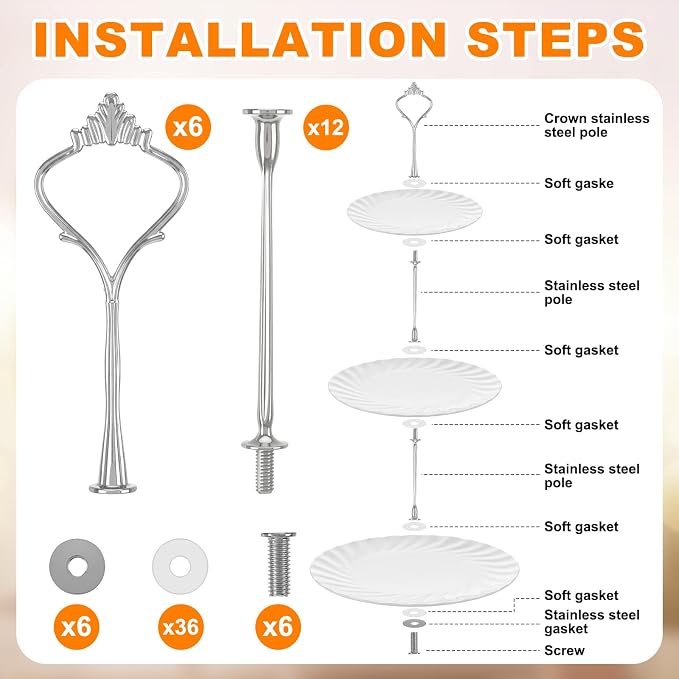 Patelai 6 Sets 3 Tier Cake Stand Hardware Tiered Tray Plate Hardware Kit Heavy Metal Cake Fruit Food Plate Stand Fitting Stacking Kit for Serving Dessert Cupcake Dish (Simple,Silver)