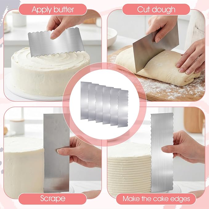 6 Pcs Stainless Steel Cake Scraper, 10 Inch & 9 Inch Large Double Sided Patterned Edge Stripe Edge Smoother Scraper Cake Decorating Comb Metal Pastry Cutter for Butter Mousse Cream Decoration