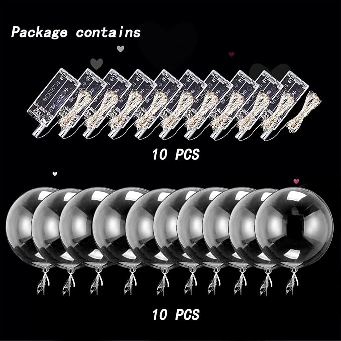 10 PCS Light Up Led Balloons, 20 Inches Clear Helium Bobo Balloons, Glow Bubble Balloons with 10 PCS String Lights for Valentines Day, propose marriage, Wedding, Birthday Party Decoration (Red)